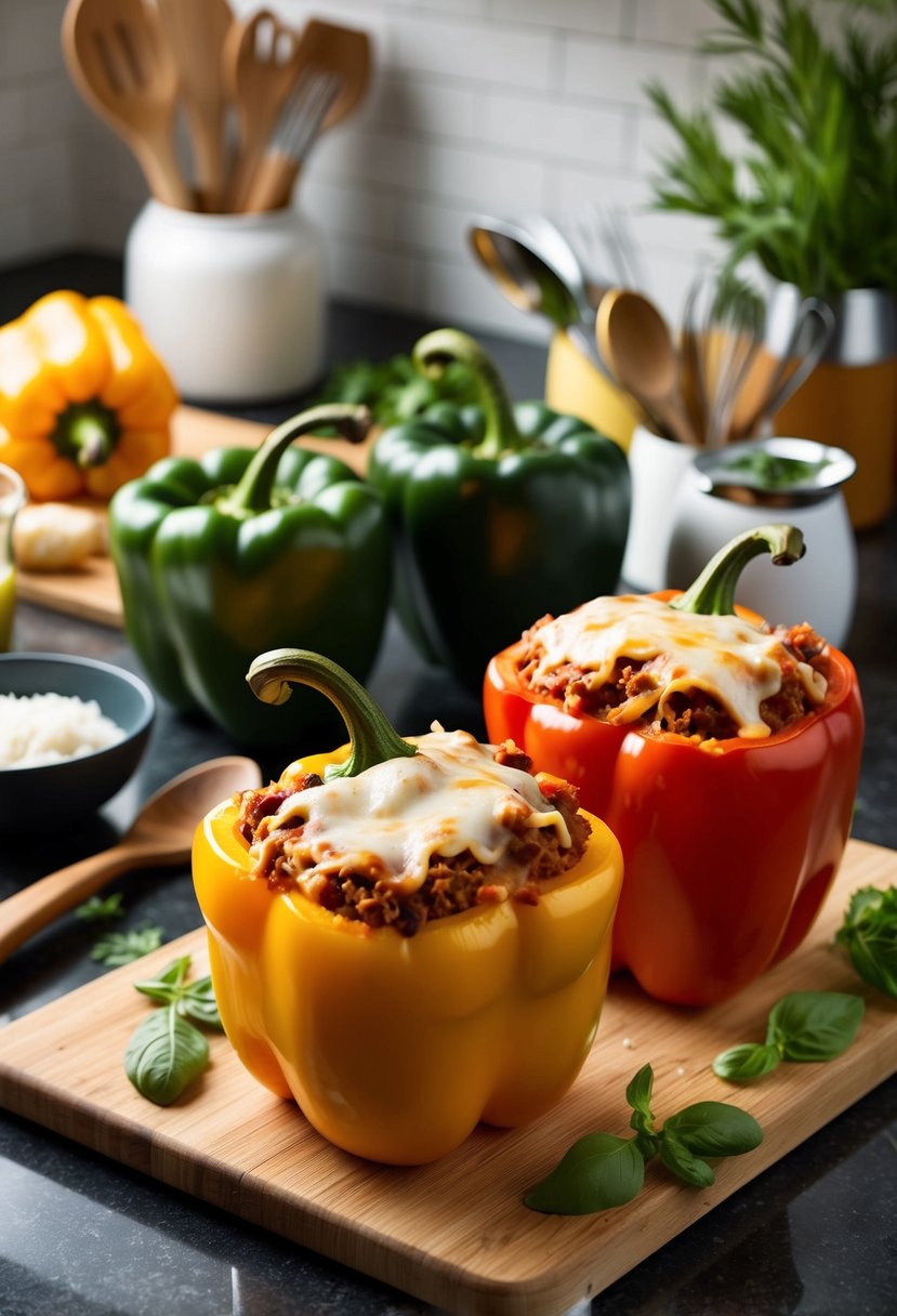 Two bell peppers stuffed with lasagna filling, surrounded by fresh ingredients and cooking utensils on a kitchen counter